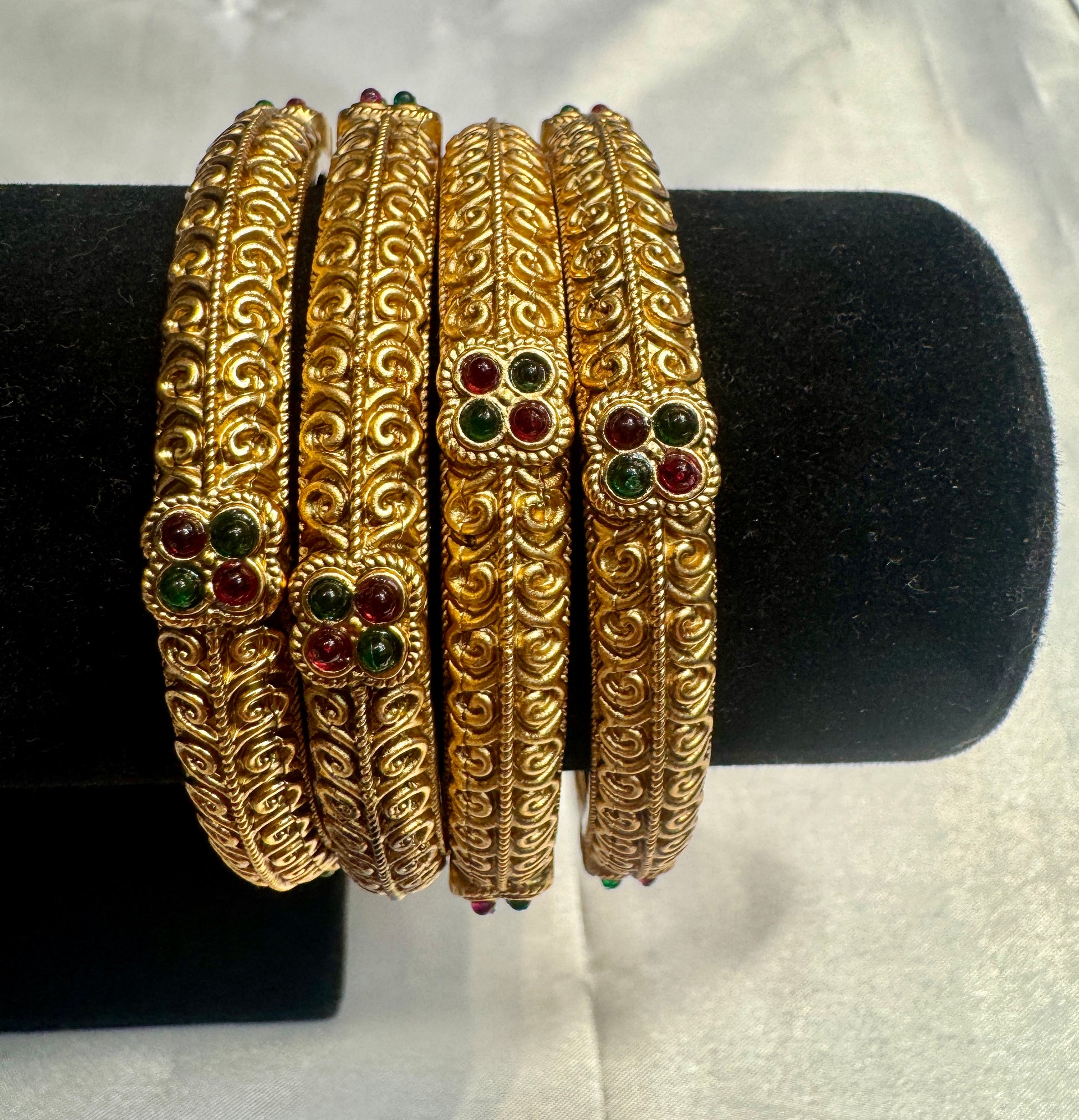 Elegant Antique Gold With Red and Green Stones Bangles