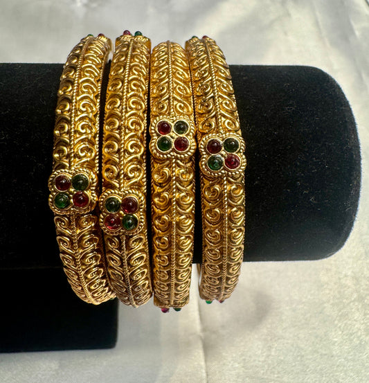 Elegant Antique Gold With Red and Green Stones Bangles