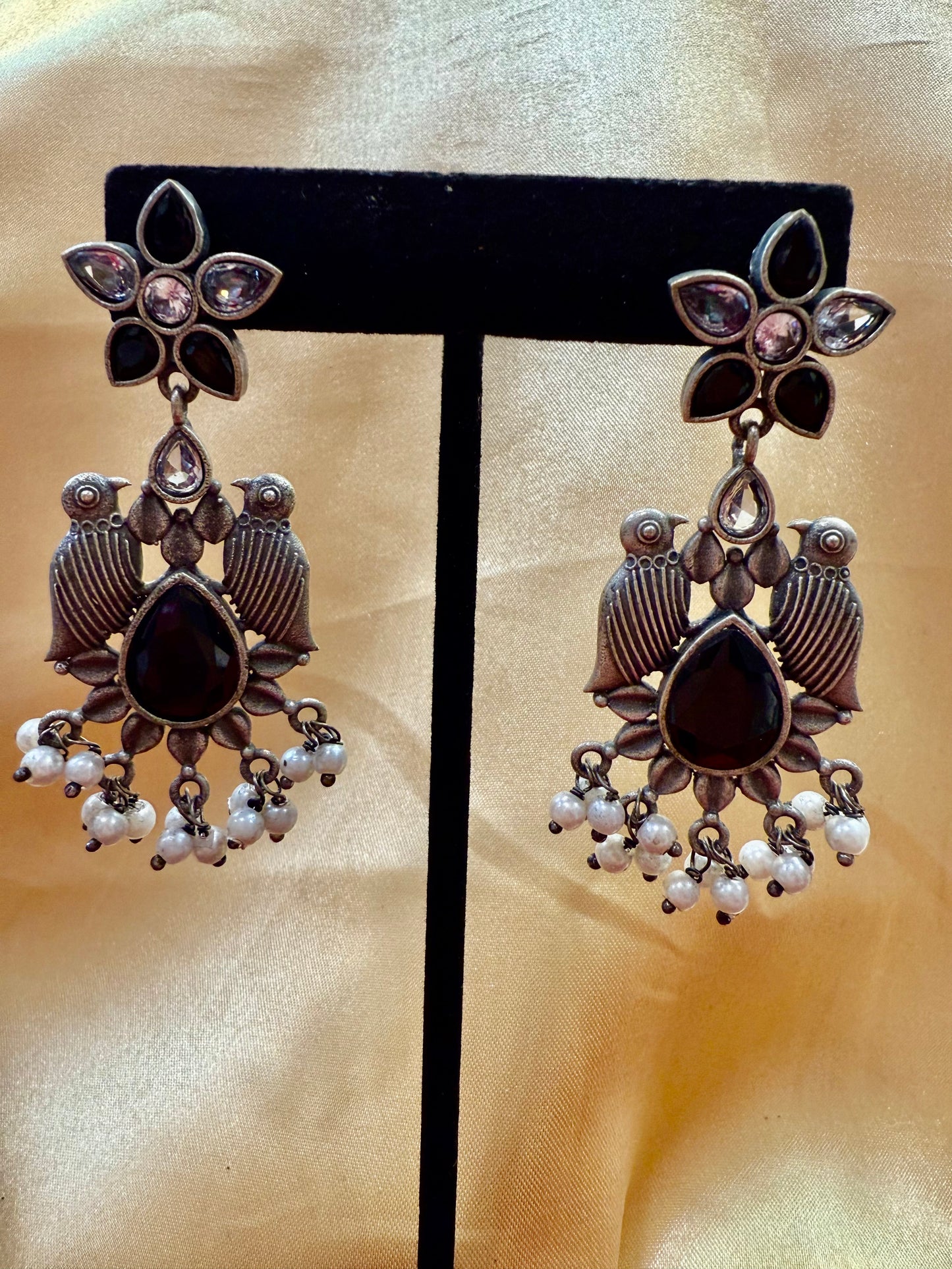 Appealing Oxidized Black And Silver Stone And Beaded Work Bird Designs Earrings For Women