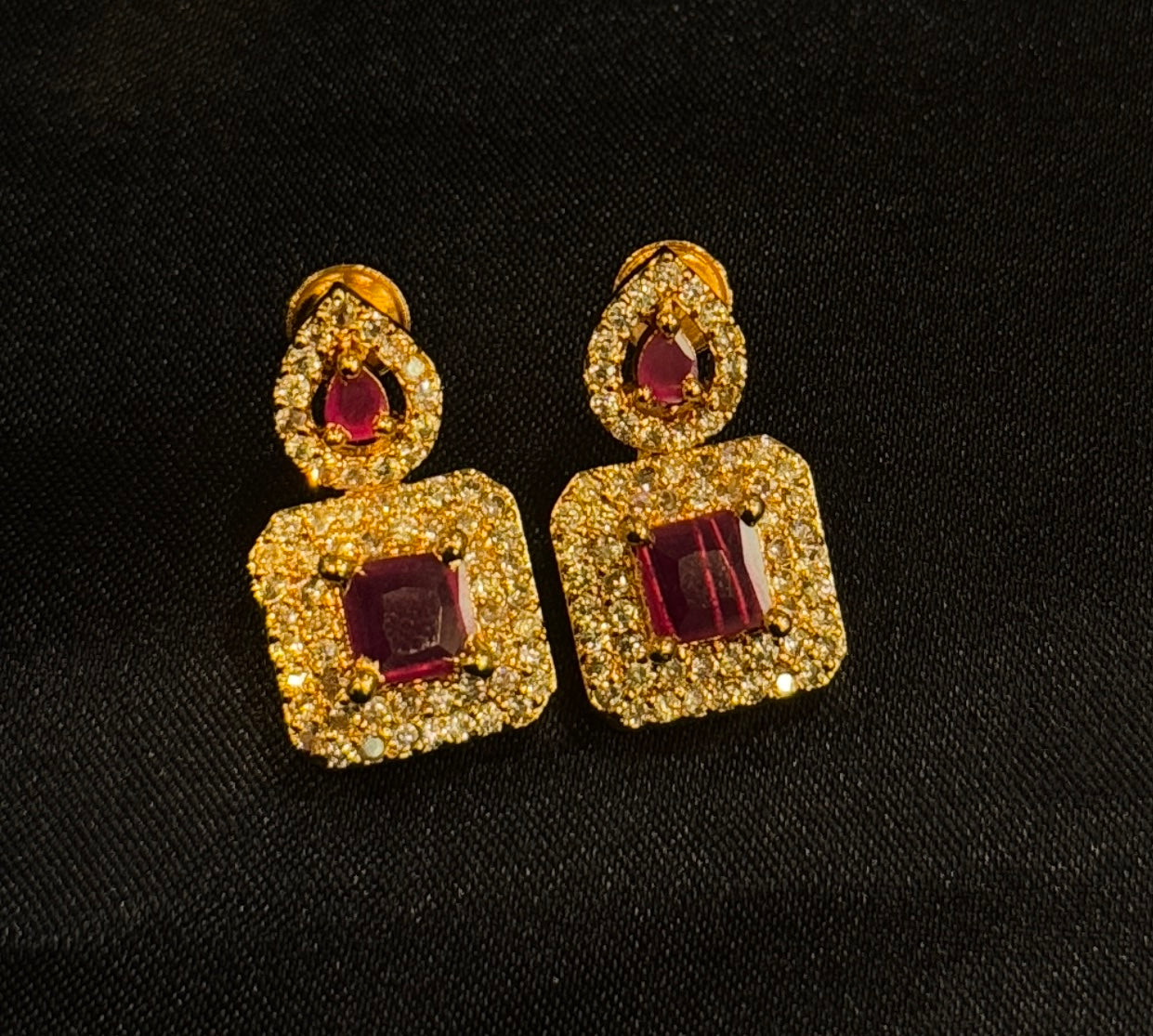 Dark Pink Color Stones With Gold Plated Earrings For Women