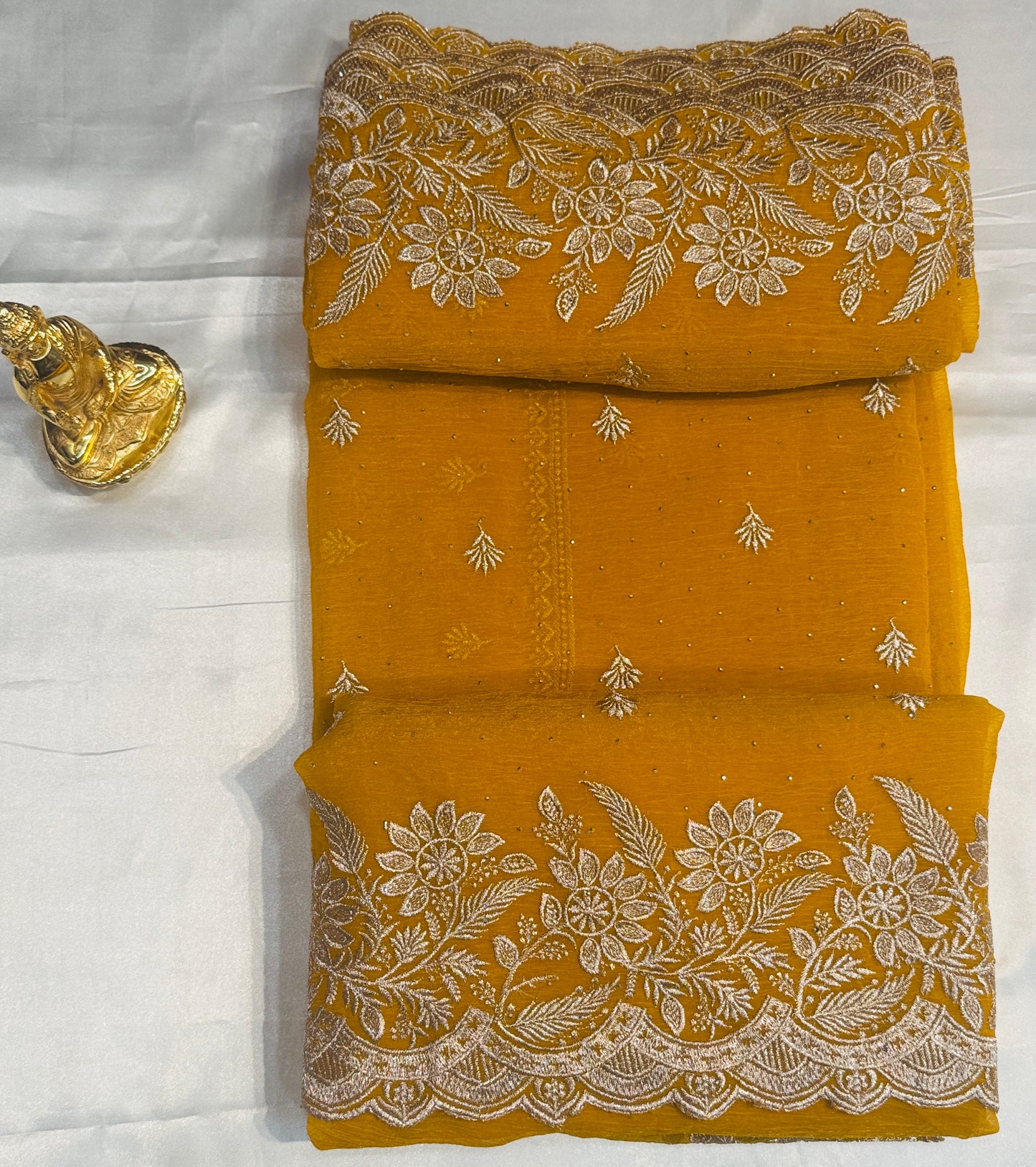 Charming Yellow Color Crush Georgette Embroidered Work Fancy Saree - PREMIUM QUALITY