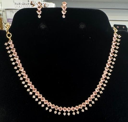 Gorgeous Pink And White Colored Stone Gold Plated Necklace With Earrings Set