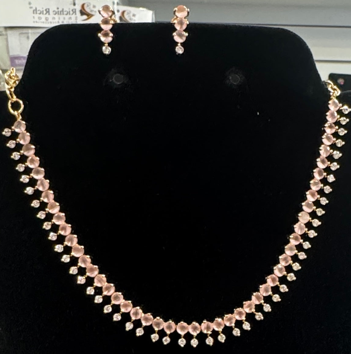 Gorgeous Pink And White Colored Stone Gold Plated Necklace With Earrings Set