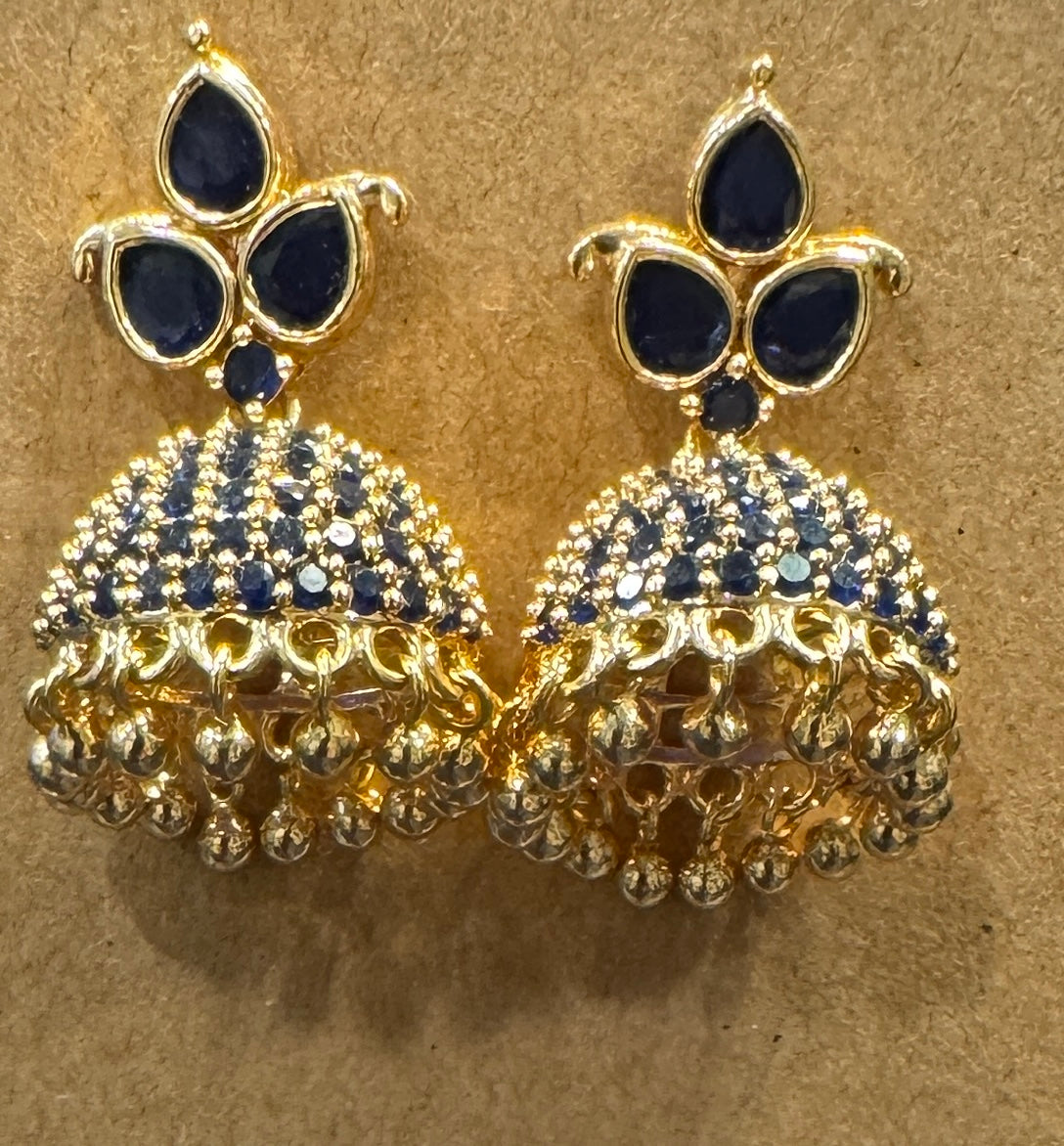 Pretty Gold Plated Blue Color Stoned Jhumka Style Earrings Near Me