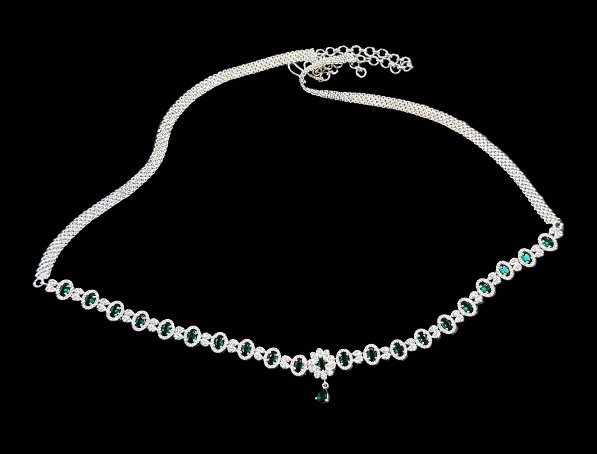Appealing American Diamond Green And White Stone Work Hip Chain For Women