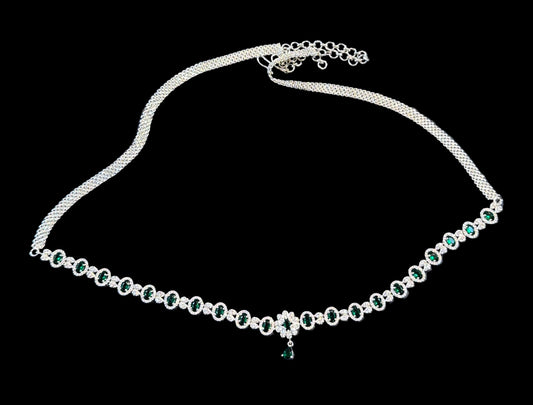 Appealing American Diamond Green And White Stone Work Hip Chain For Women