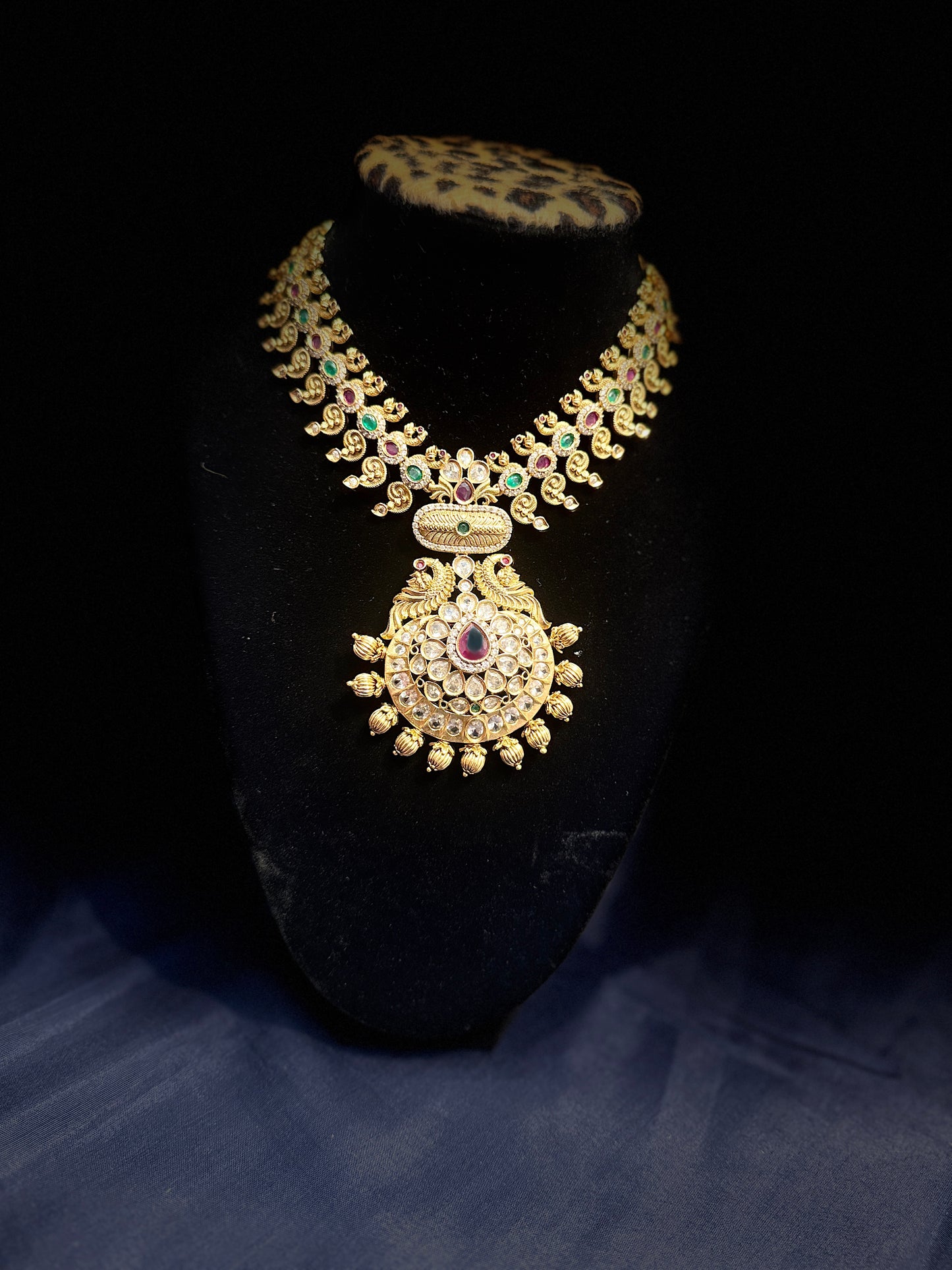 Dark Pink And Green Color Stones Gold Plated Designer Set With Earrings For Women Nera Me