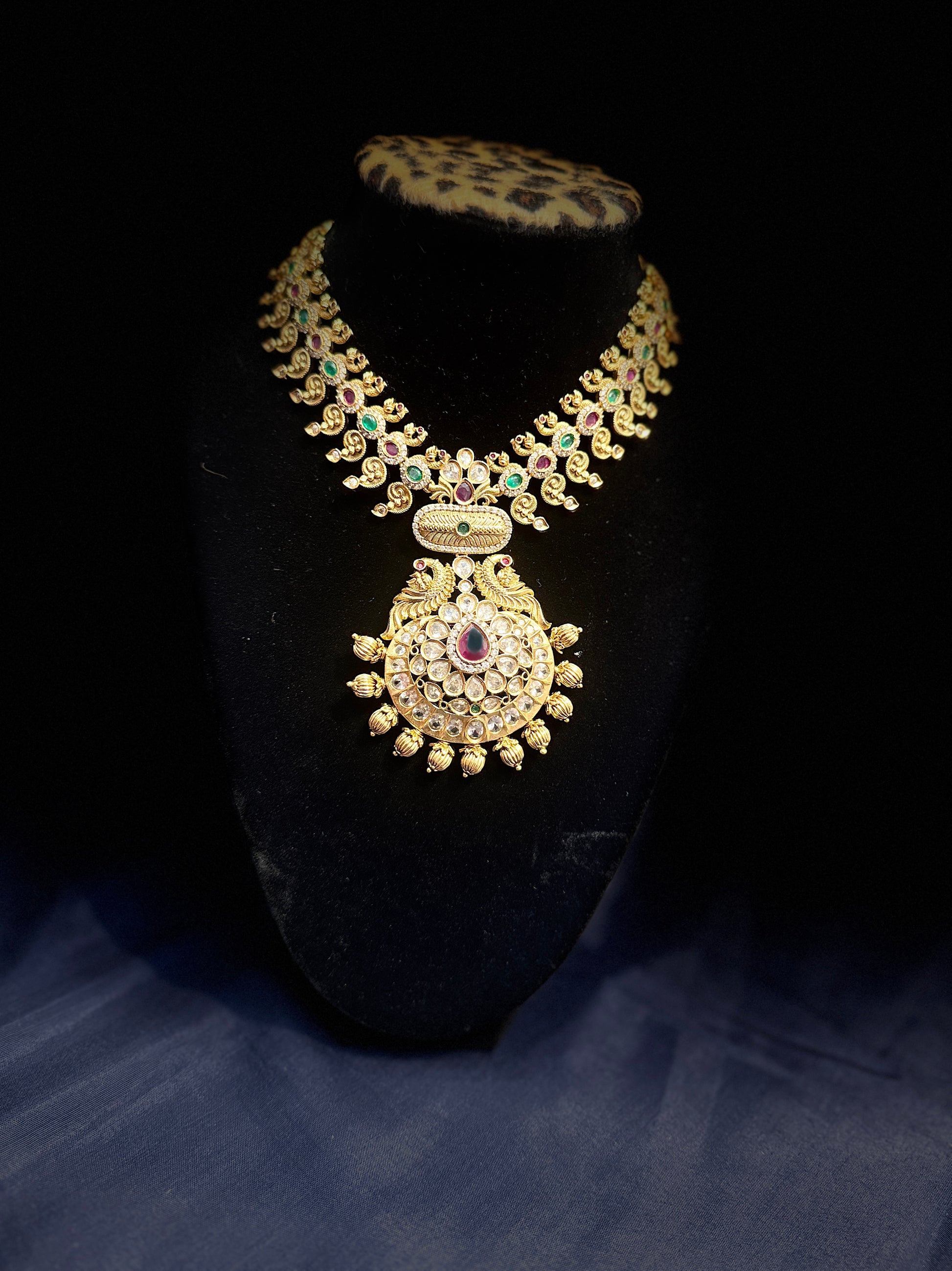 Dark Pink And Green Color Stones Gold Plated Designer Set With Earrings For Women Nera Me