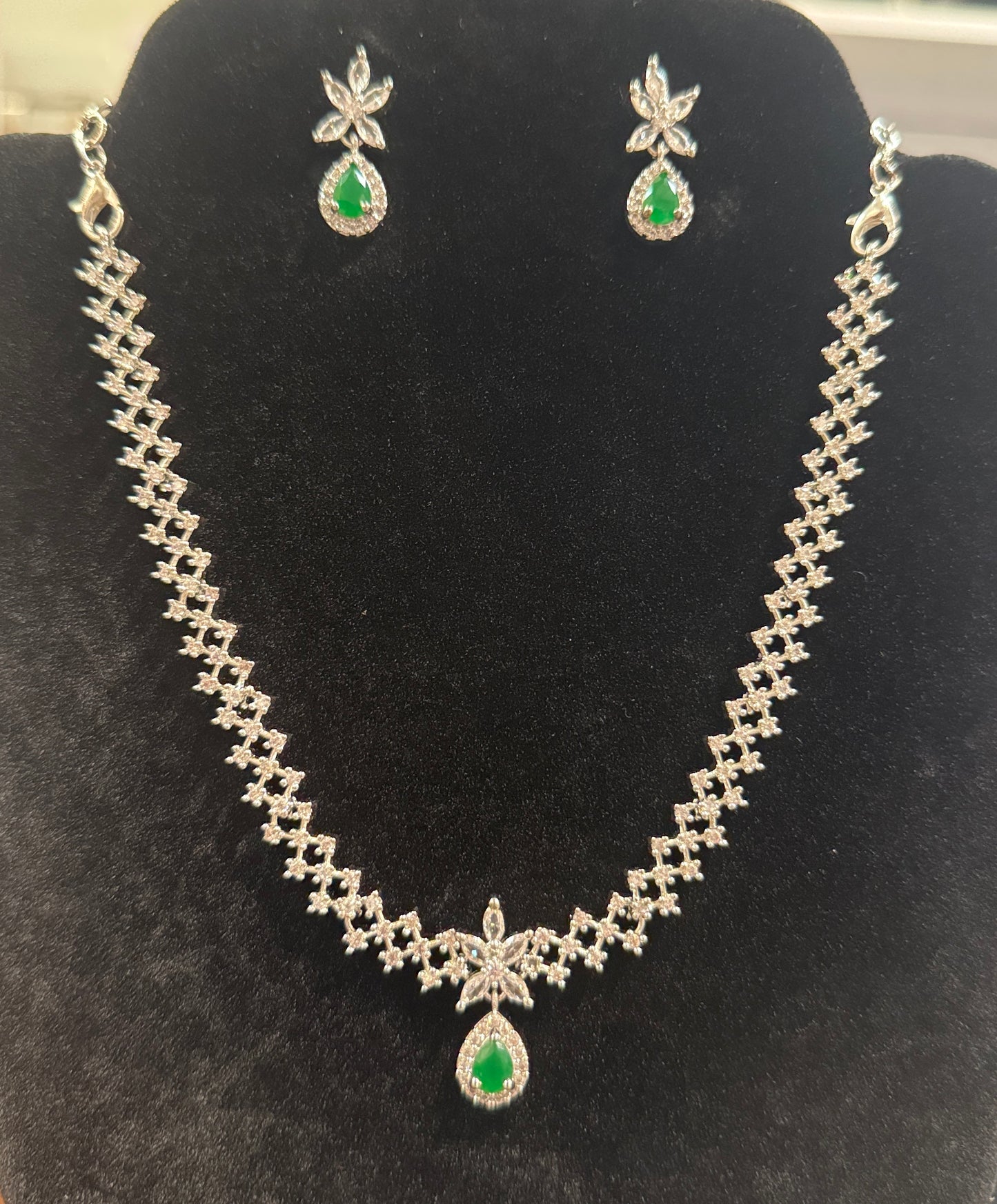 Adorable American Diamond White And Green Color Stones Necklace and Earrings Set
