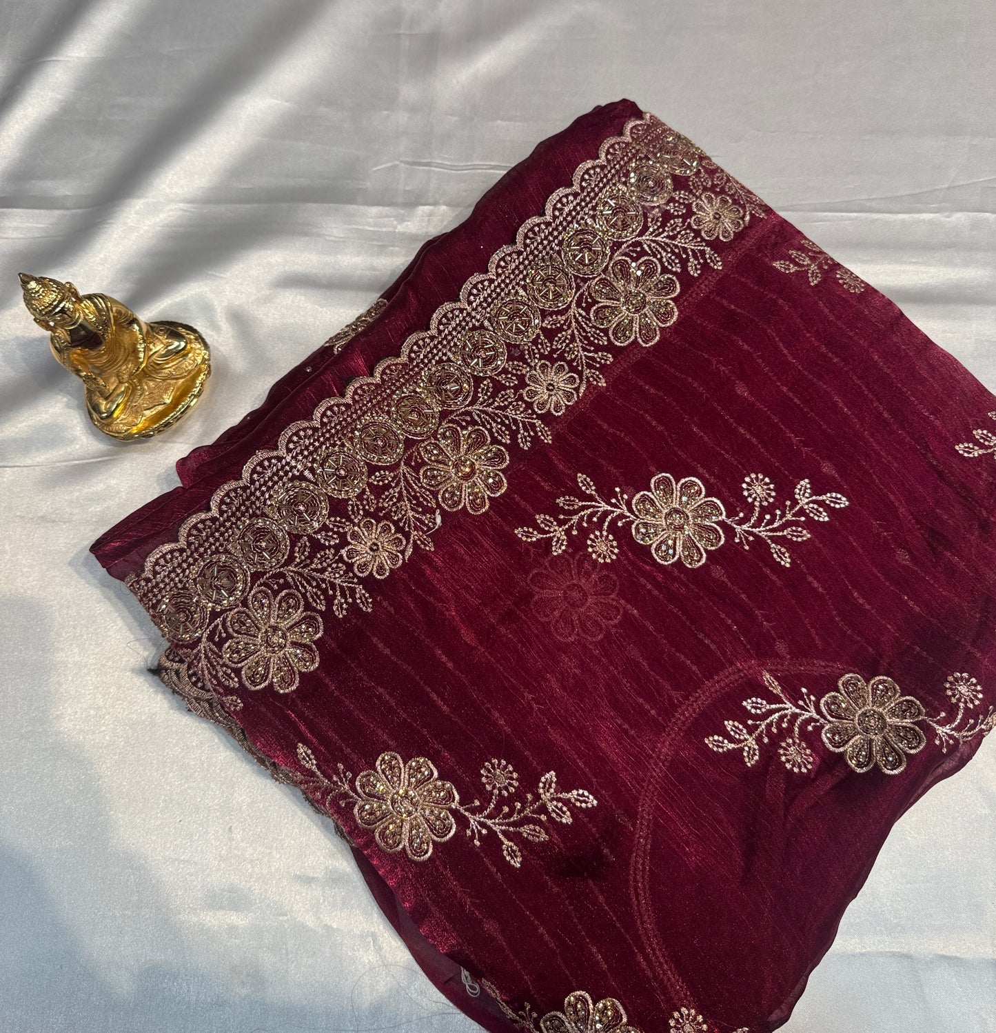 Splendid Dark Wine Color Soft Chiffon With Embroidery And Stone Work Fancy Saree - PREMIUM QUALITY