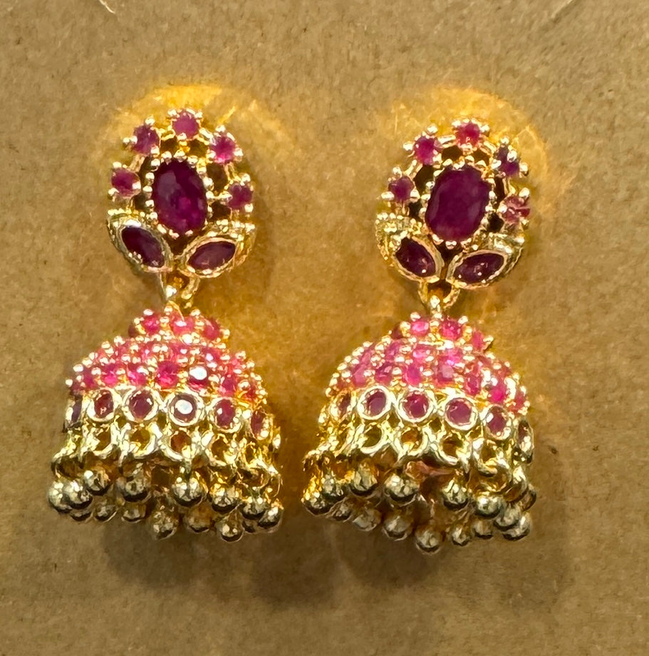 Pretty Gold Plated Earrings With Dark Pink Color Stones For Women