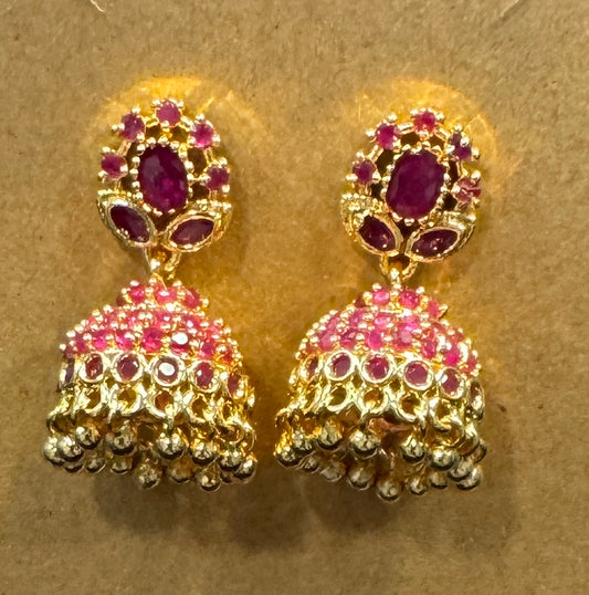 Pretty Gold Plated Earrings With Dark Pink Color Stones For Women