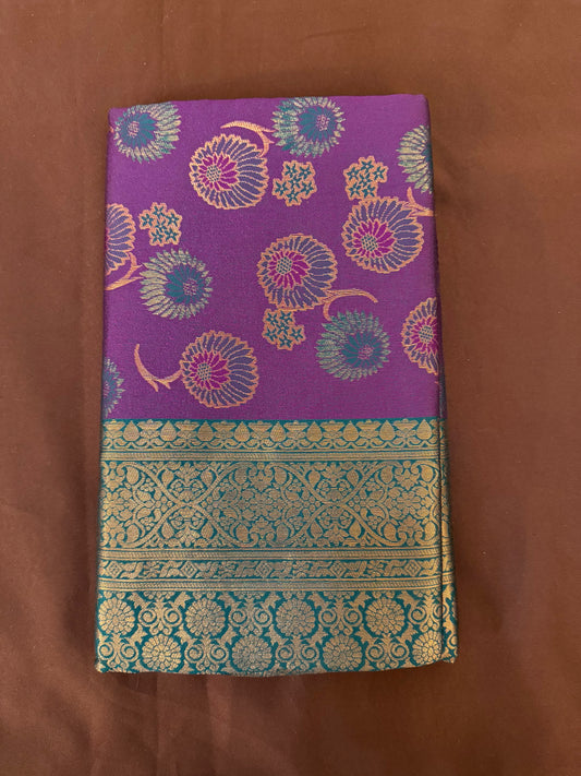 Attractive Violet Color Kora Muslin Saree With Contrast Dark Green Border For Women