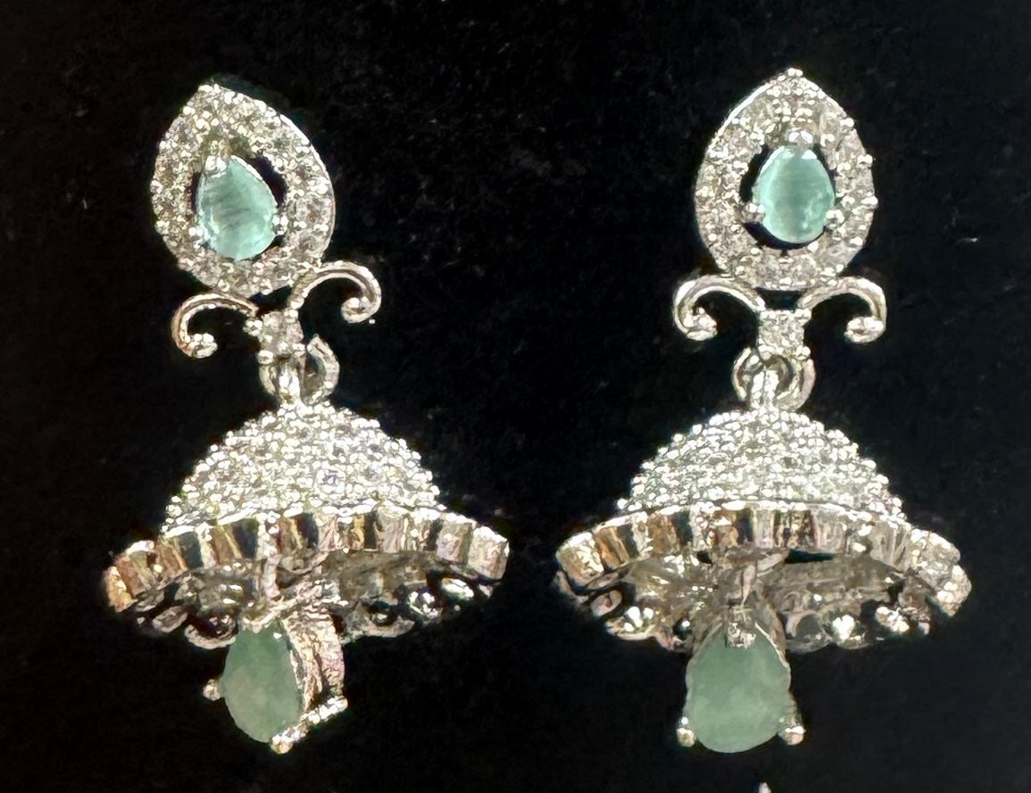 Exquisite White and Teal Stones Gold American Diamond Earrings