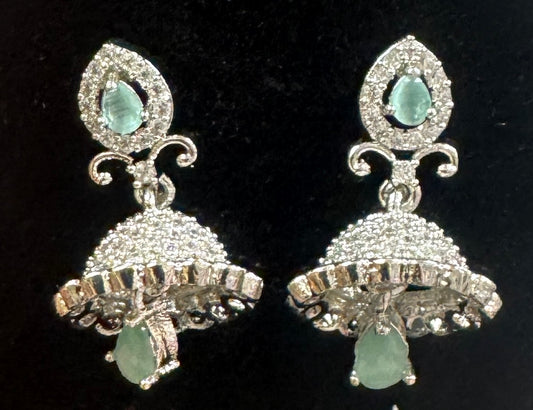 Exquisite White and Teal Stones Gold American Diamond Earrings