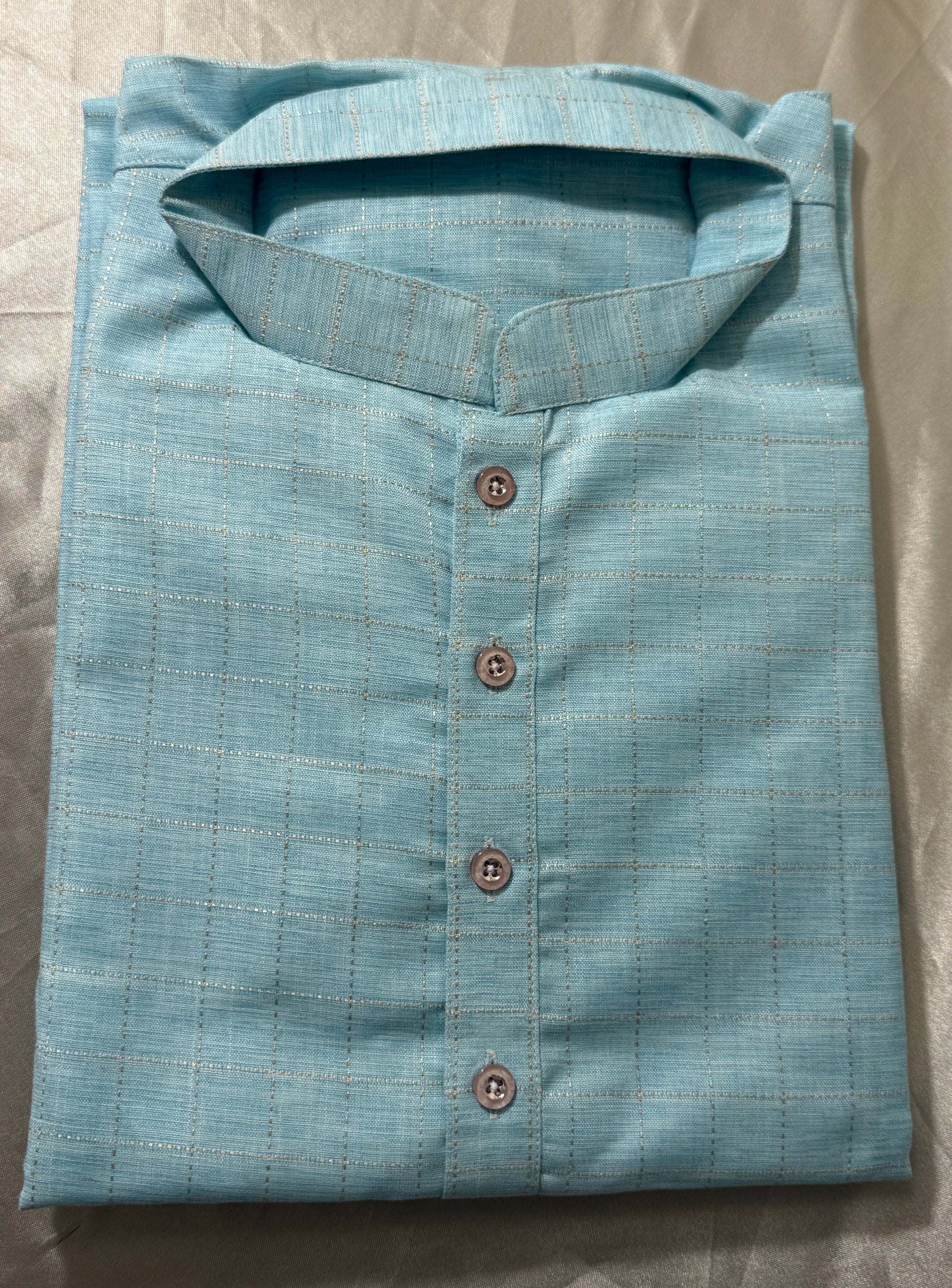 Alluring Sea Blue Color Cotton Men's Kurta With Pajama Pant