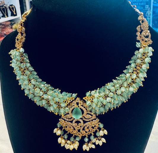 Modern Aqua Color Choker Style Neck Piece With Pretty Earrings For Women 