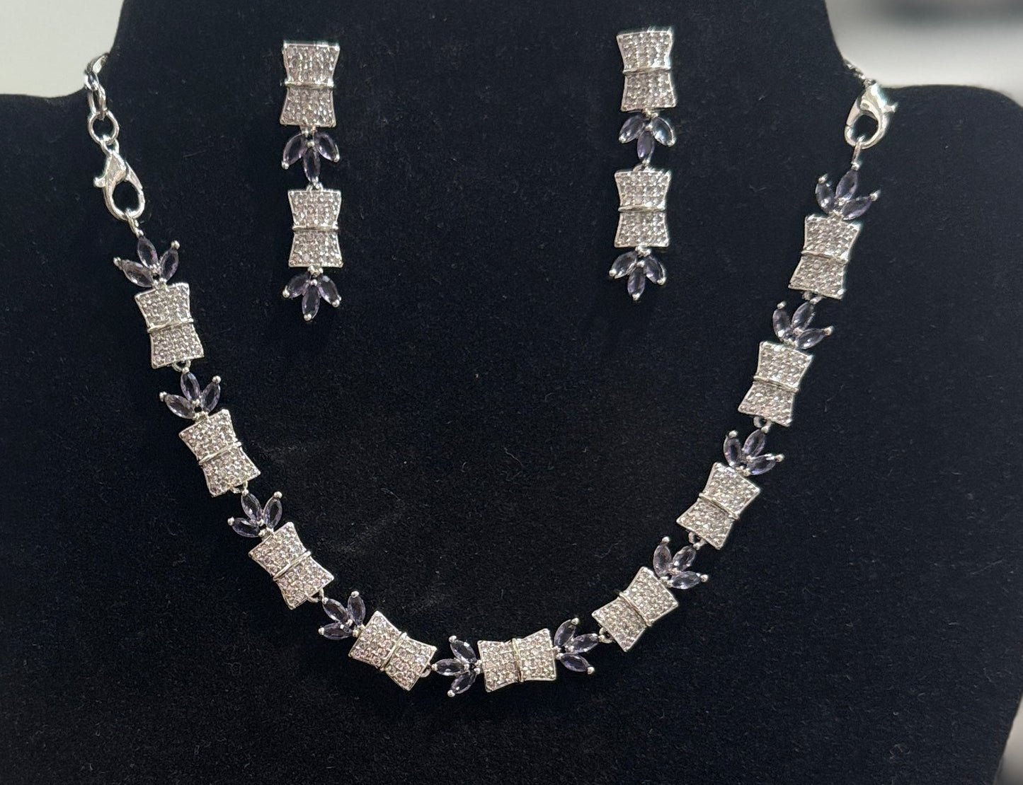 Alluring American Diamond Purple Color Stones Necklace And Earrings Set