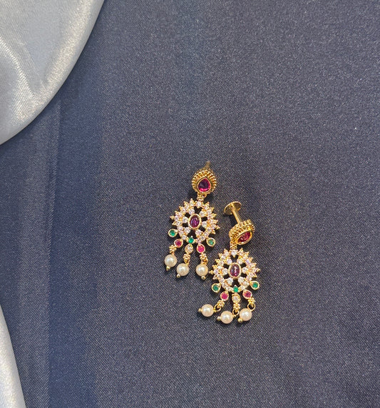 Pretty Gold Plated Pink And Green With Pearls Earrings