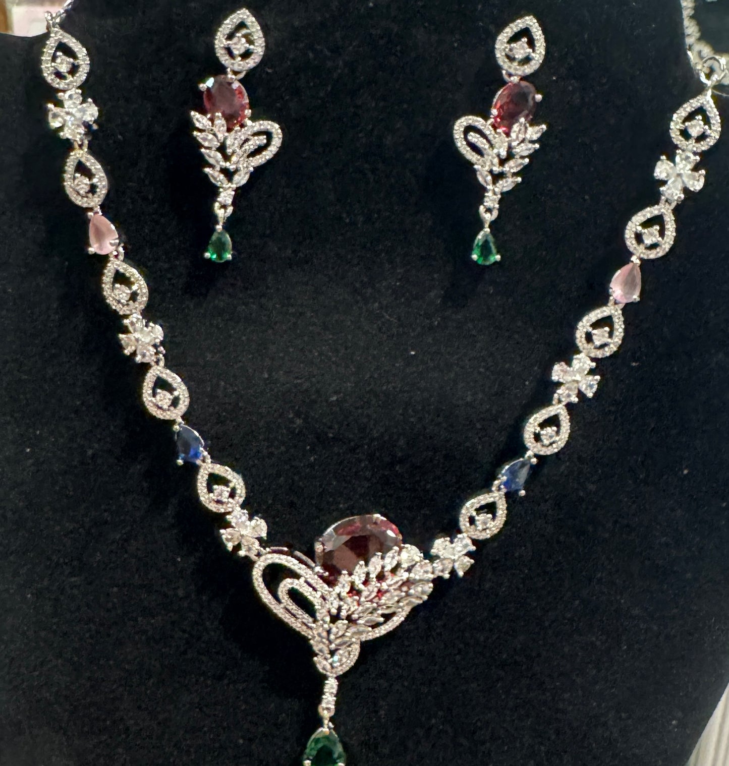 Pretty American Diamond Multicolor Necklace With Earring Sets Near Me