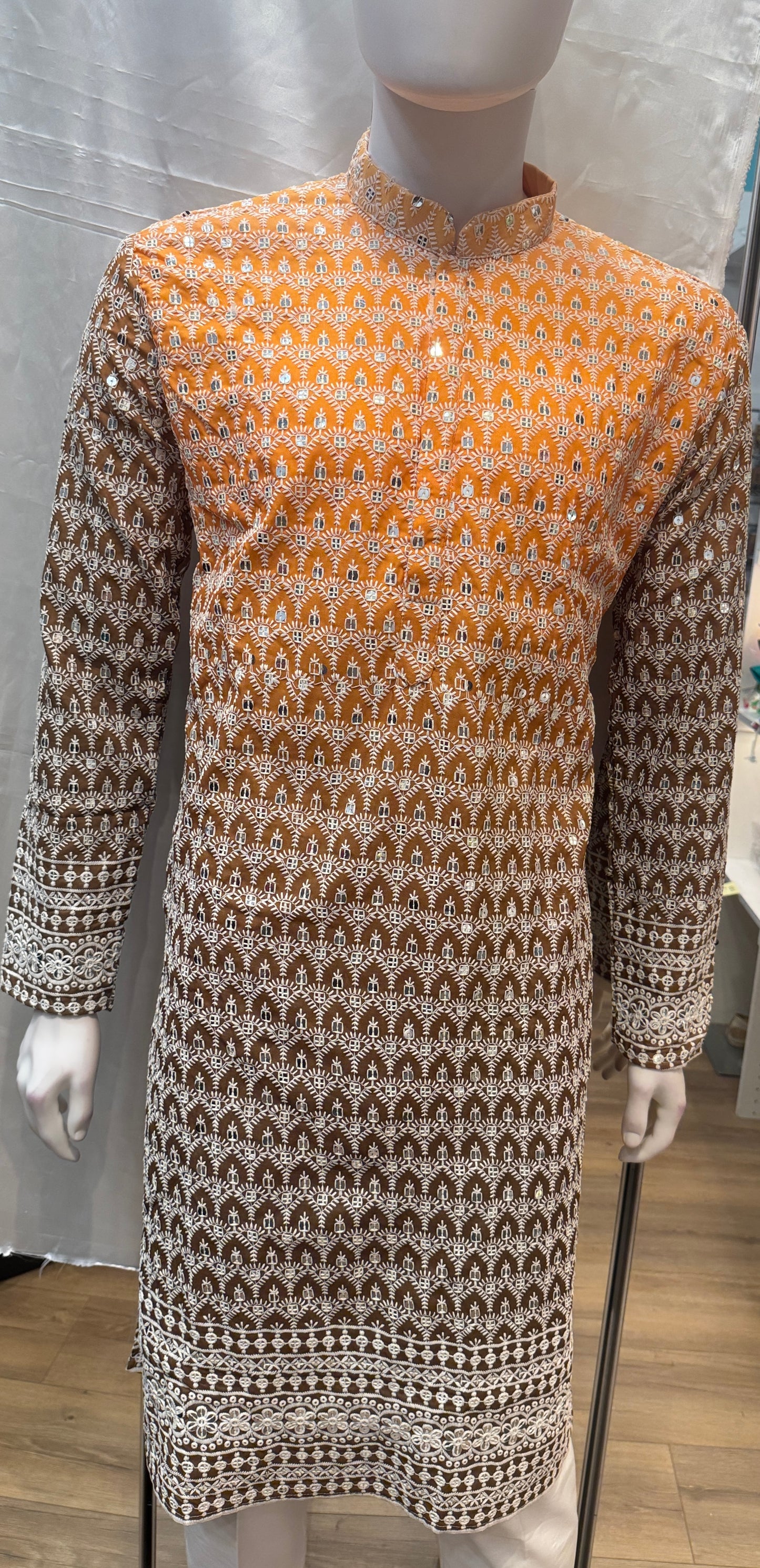 Amazing Orange Color Embroidery And Sequins Work Kurta With Pajama For Men