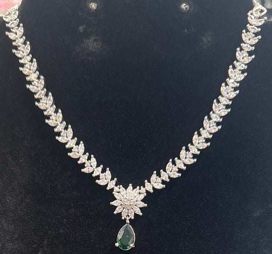 Beautiful Leaf Shaped American Diamond Green And White Color Stones Necklace For Women