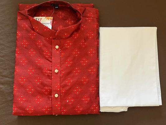 Alluring Red Color Men's Jacquard Kurta Suit
