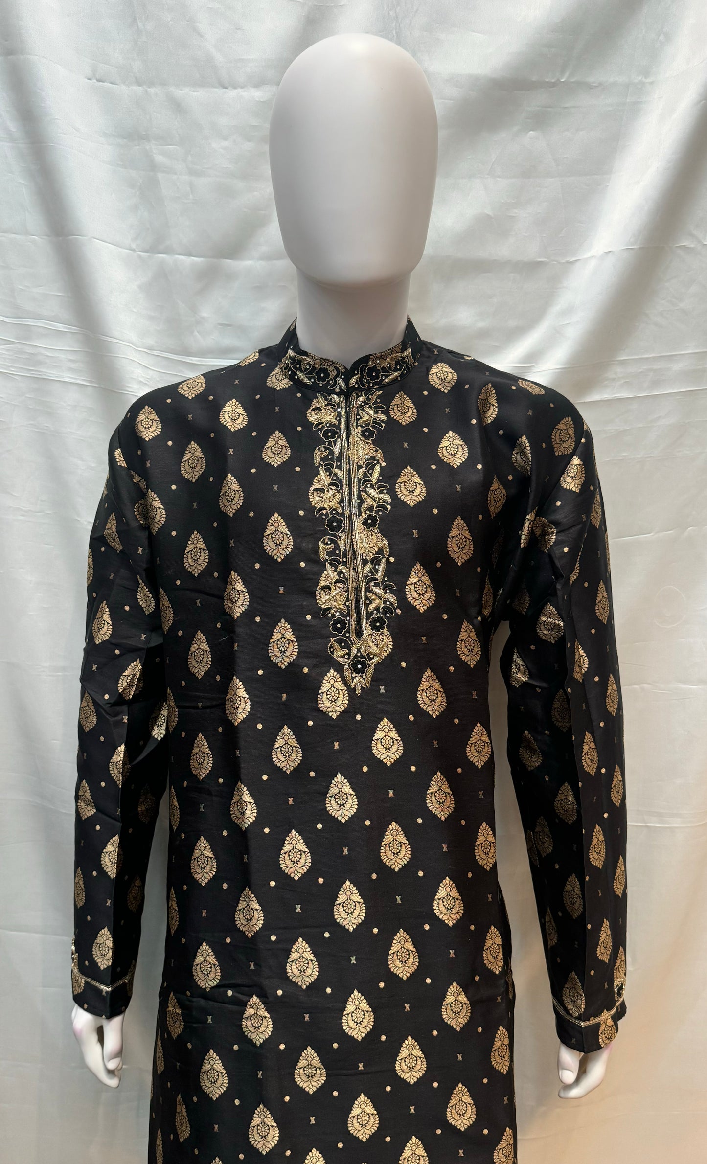 Attractive Black Color Handcrafted Zardozi Work With Small Paisley Designed Men's Brocade Kurta Suits