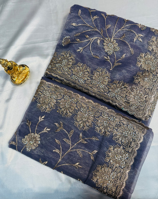 Fantastic Light Lavender Color Soft Organza With White Stone Work Fancy Saree  - PREMIUM QUALITY
