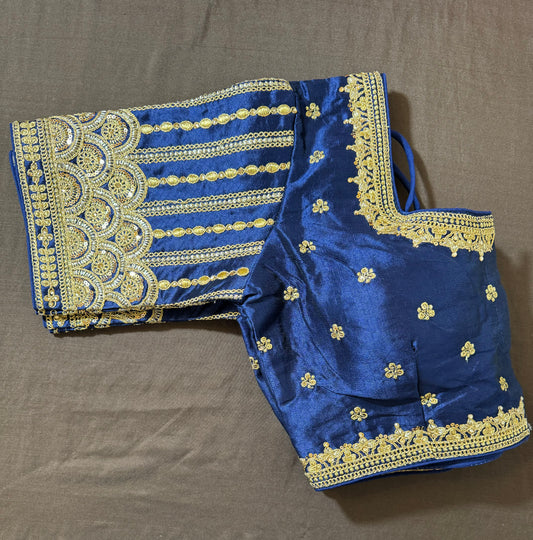 Alluring Dark Blue Color Heavy Fentam Silk With Thread Embroidery Designer Ready To Wear Blouse