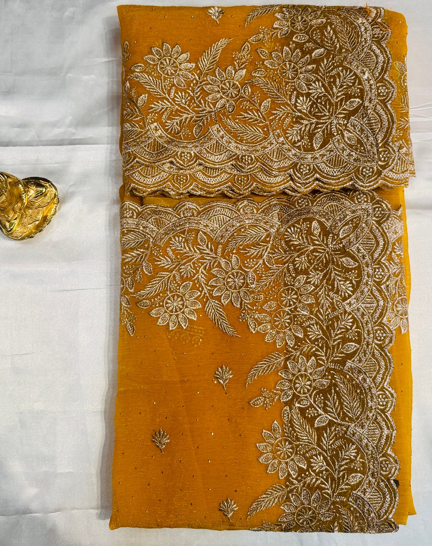 Charming Yellow Color Crush Georgette Embroidered Work Fancy Saree - PREMIUM QUALITY