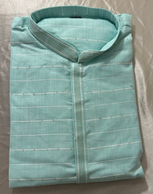 Beautiful Sea Green Color Cotton Men's Kurta With Pajama Pant