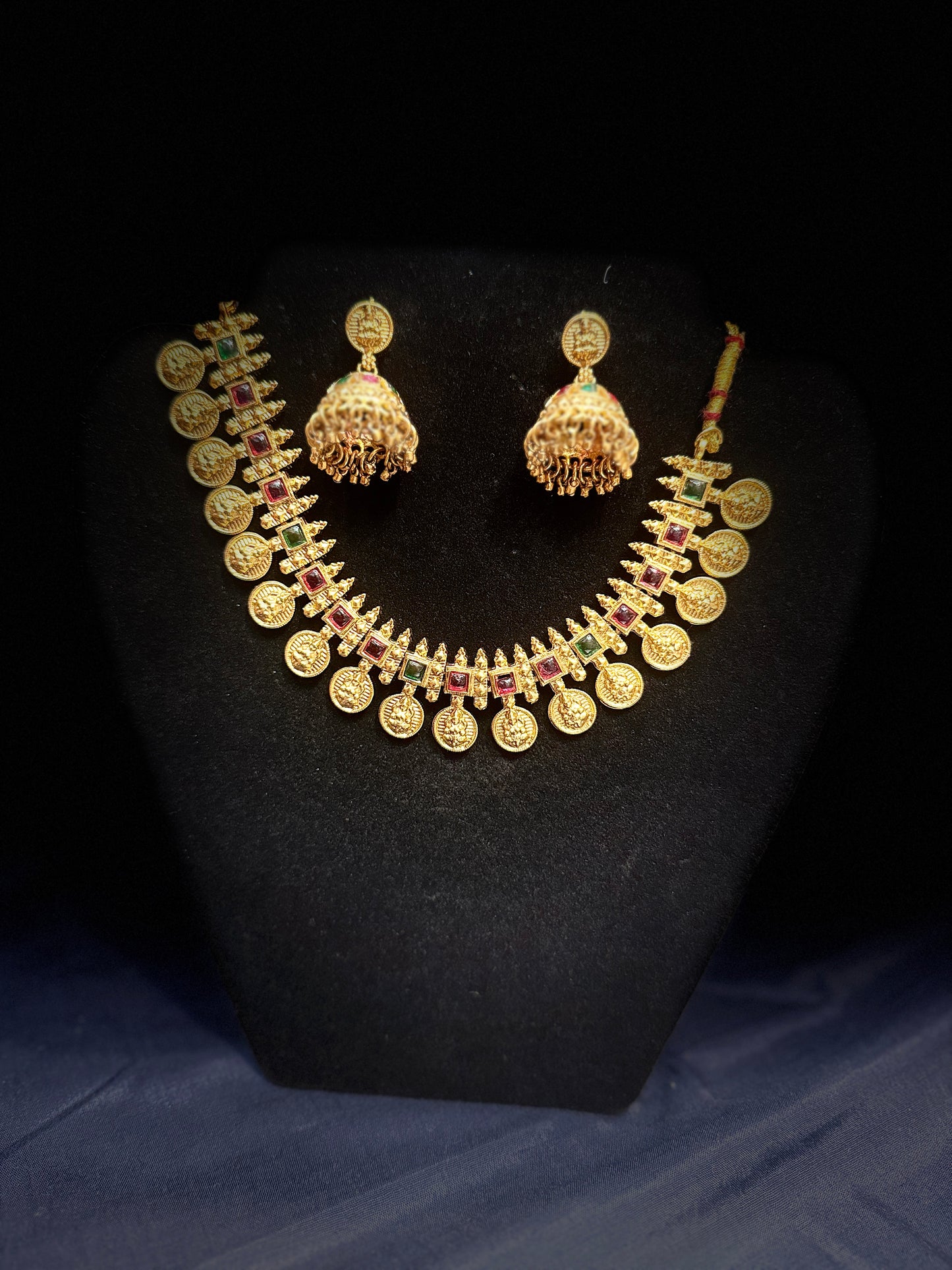 Beautiful Dark Pink And Green Color Gold Plated Necklace With Earrings Set For Women