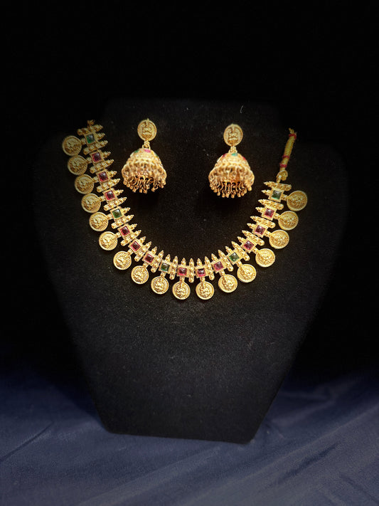 Beautiful Dark Pink And Green Color Gold Plated Necklace With Earrings Set For Women
