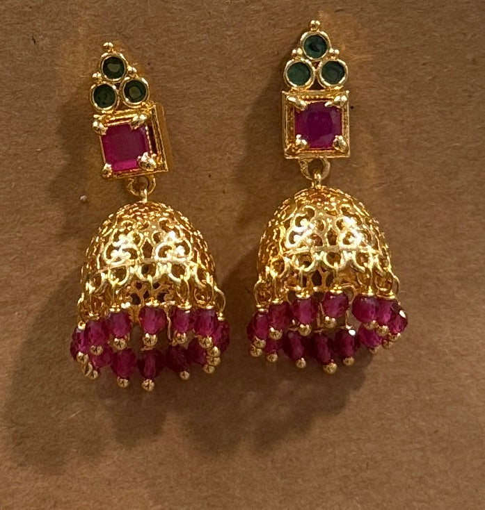 Dazzling Gold plated With Dark Pink And Green Stones Earrings For Women