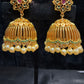 Jhumka With Hot Pink And Green Color Stone With Pearl Drop Near Me