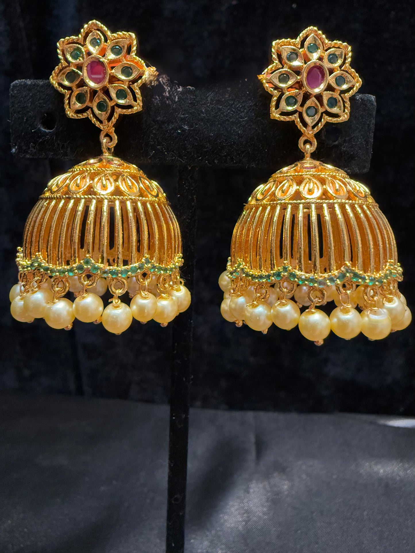 Dazzling Gold Plated Designer Jhumka with Hot Pink And Green Color Stone With Pearl Drop