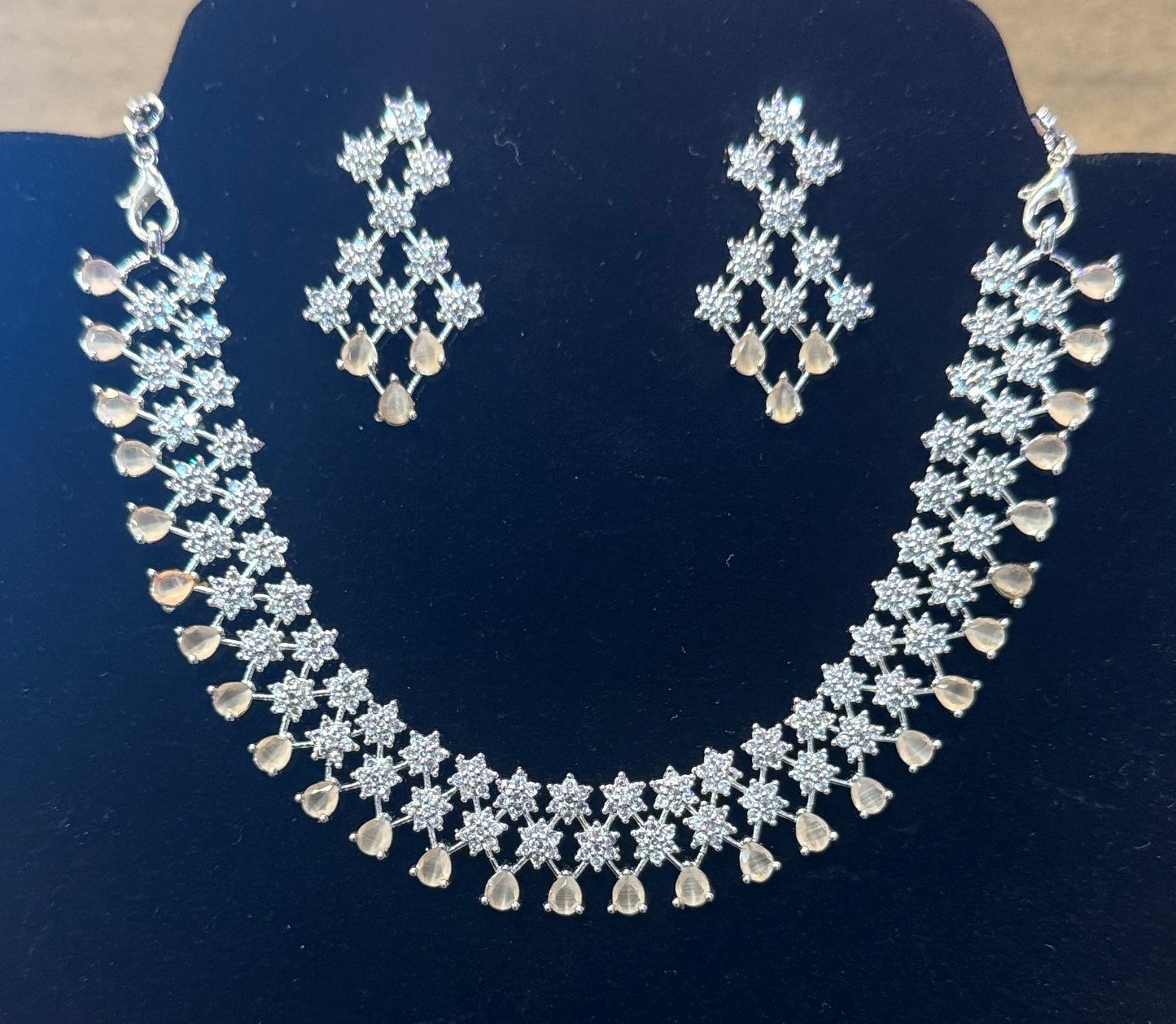 Amazing Peach Color Stones American Diamond Necklace With Earrings Set