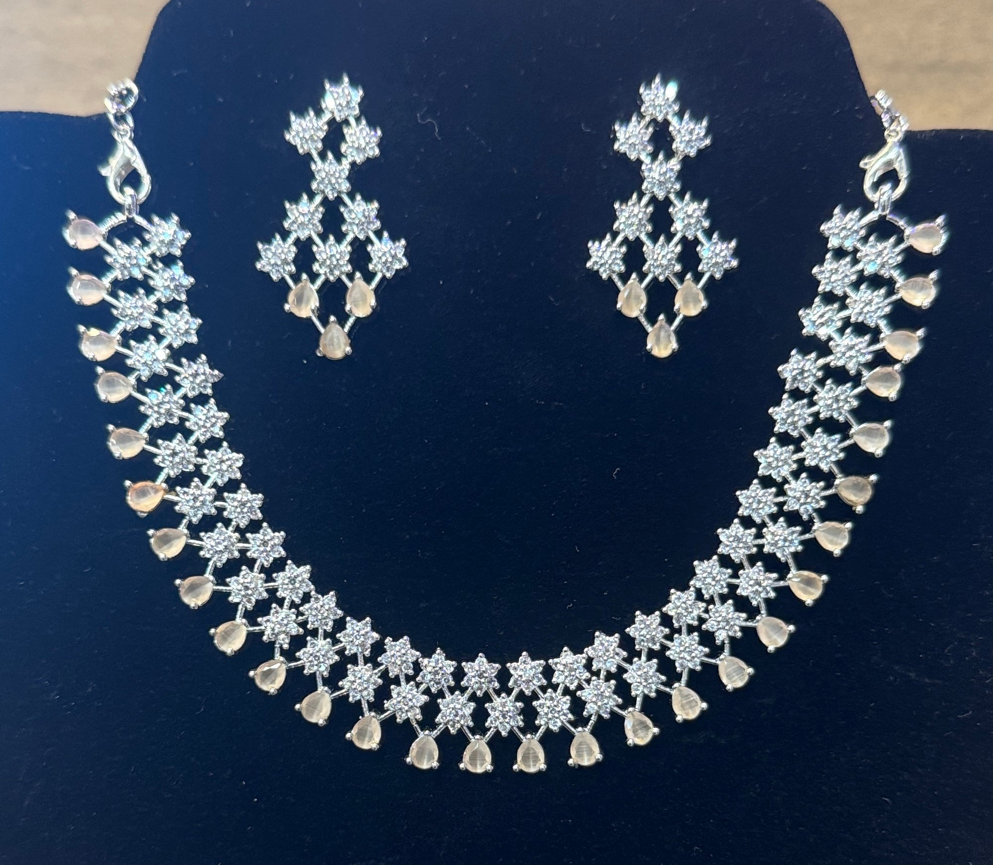 Amazing Peach Color Stones American Diamond Necklace With Earrings Set