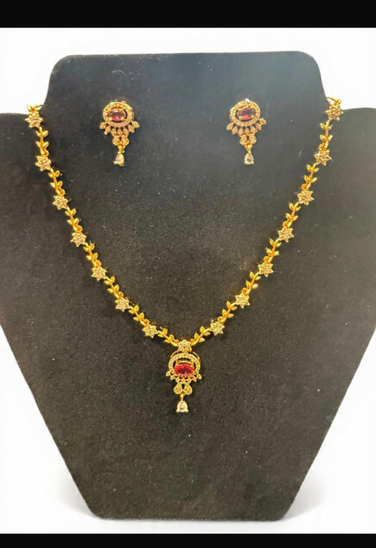 Beautiful Pink And White Stones Gold Plated Necklace With Earrings