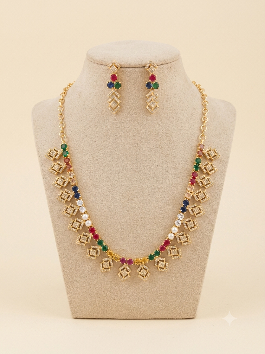 Royal Navaratna Inspired Choker And Earring Set For Women