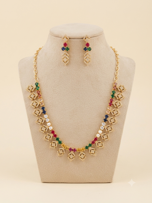 Royal Navaratna Inspired Choker And Earring Set For Women