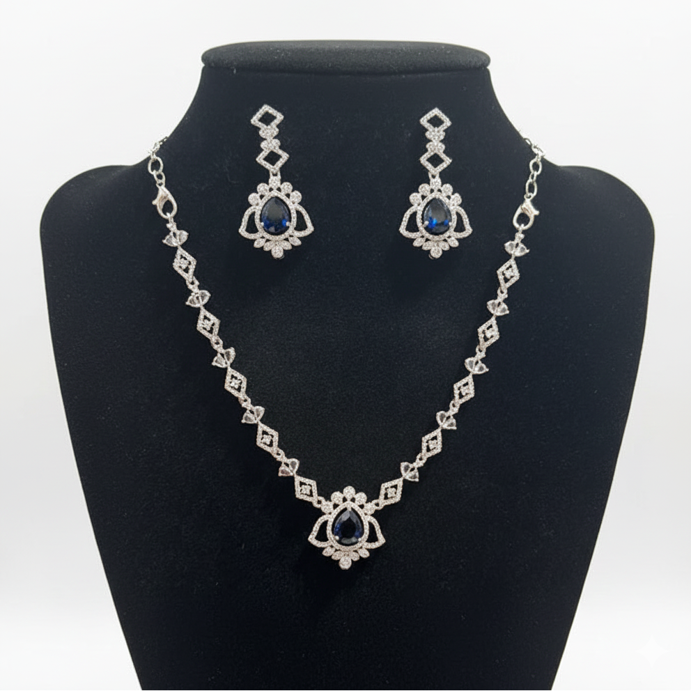 Exquisite American Diamond With Blue Color Stoned Necklace With Earrings Set