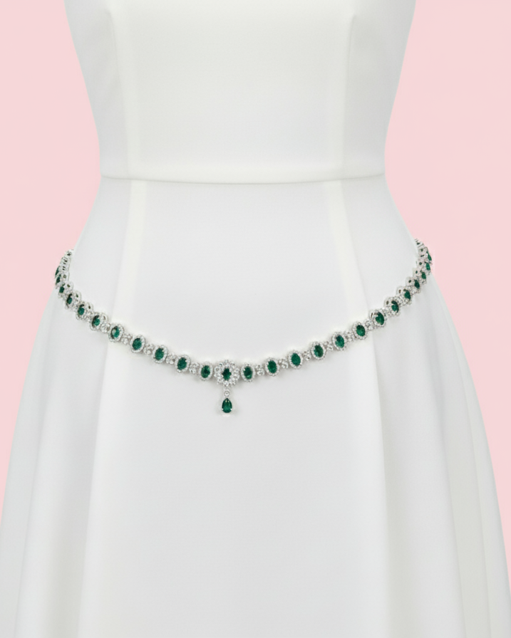 Appealing American Diamond Green And White Stone Work Hip Chain For Women