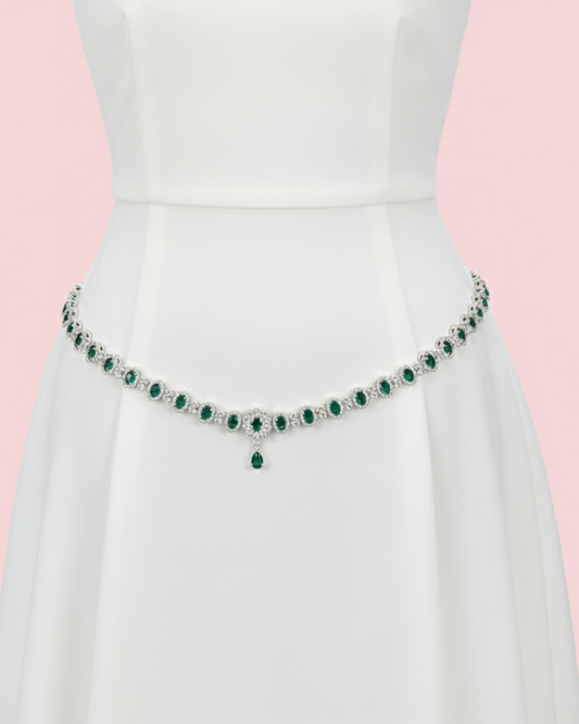 Appealing American Diamond Green And White Stone Work Hip Chain For Women