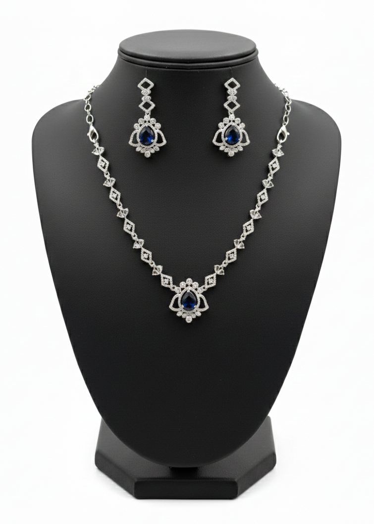 Exquisite American Diamond With Blue Color Stoned Necklace With Earrings Set