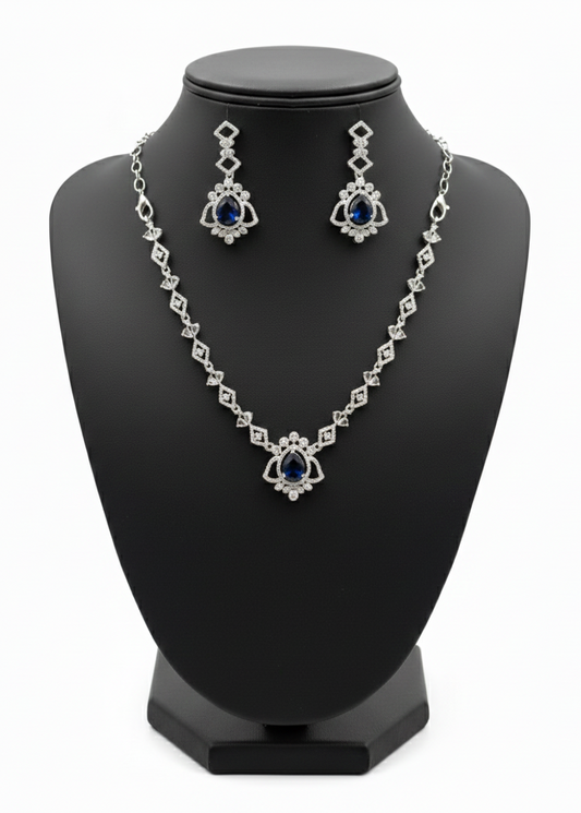 Exquisite American Diamond With Blue Color Stoned Necklace With Earrings Set