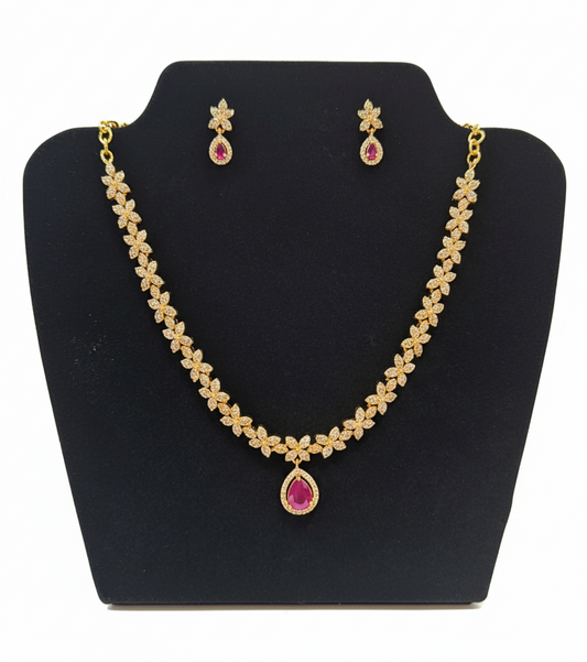 Alluring Dark Pink Color And White Stone Gold Plated Necklace With Earrings Set