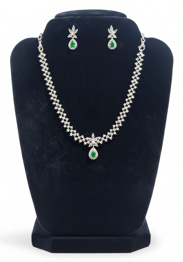 Adorable American Diamond White And Green Color Stones Necklace and Earrings Set