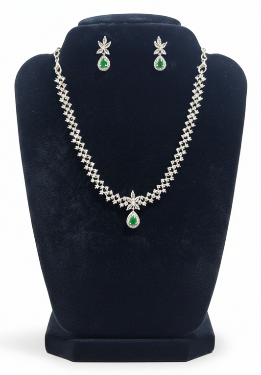 Adorable American Diamond White And Green Color Stones Necklace and Earrings Set